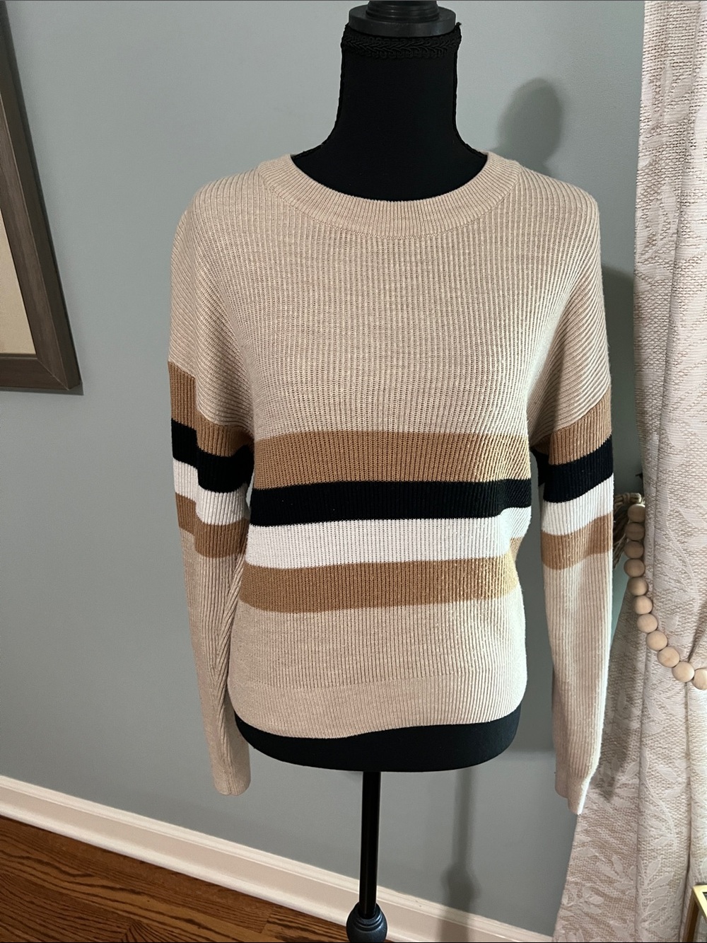 Gilli Beige Crewneck Sweater with Tan, Black & White Stripes